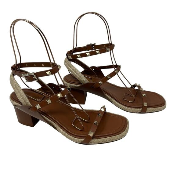 Valentino Rockstud Espadrille Heel Ankle-Strap Sandals Size 38 EU Brown Leather - Picture 1 of 7